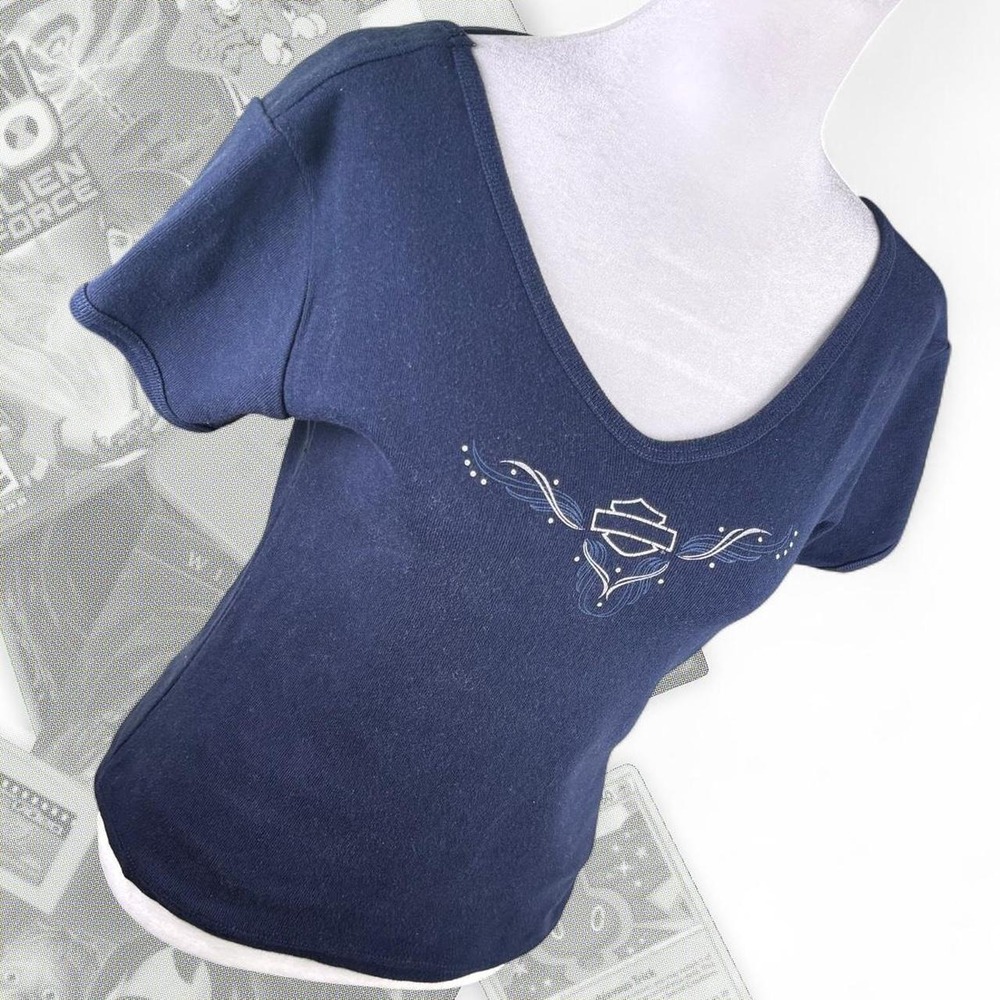 Vintage Y2K Blue Rhinestone Harley Davidson Open Back Graphic Babydoll Top